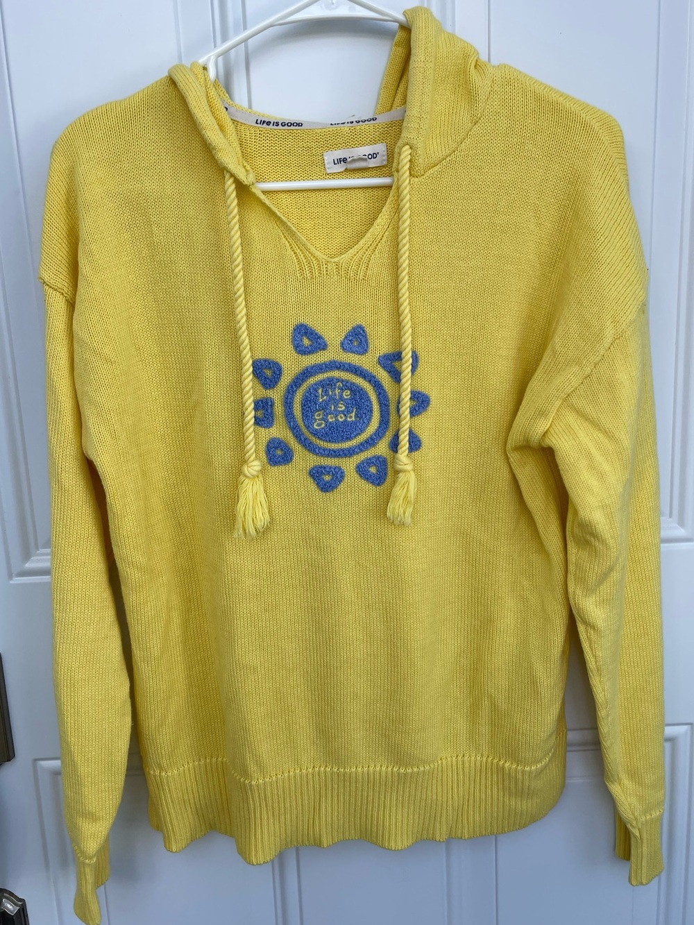Life Is Good Boho Hooded Knit Embroidered Yellow Medium Sweater